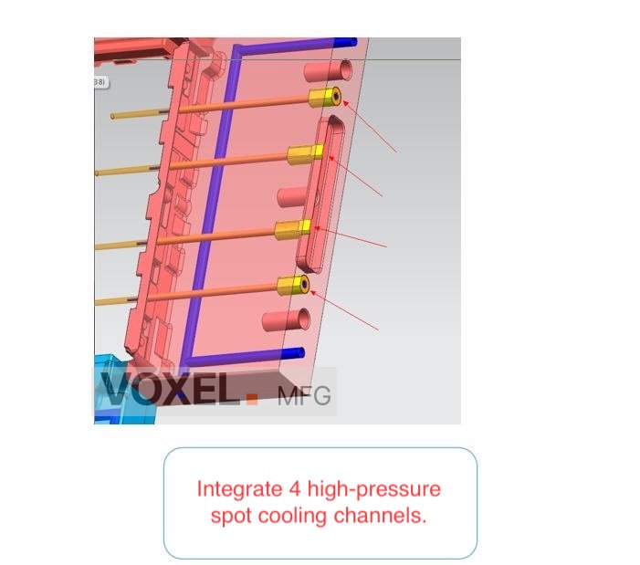 3D mold design showing 4 high-pressure spot cooling channels to eliminate shrinkage porosity in RF cavity filters