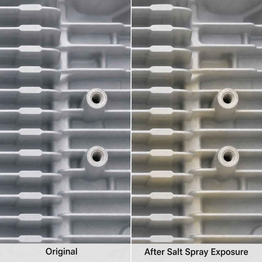 Salt-spray test comparison showing powder-coated heat sink before and after testing