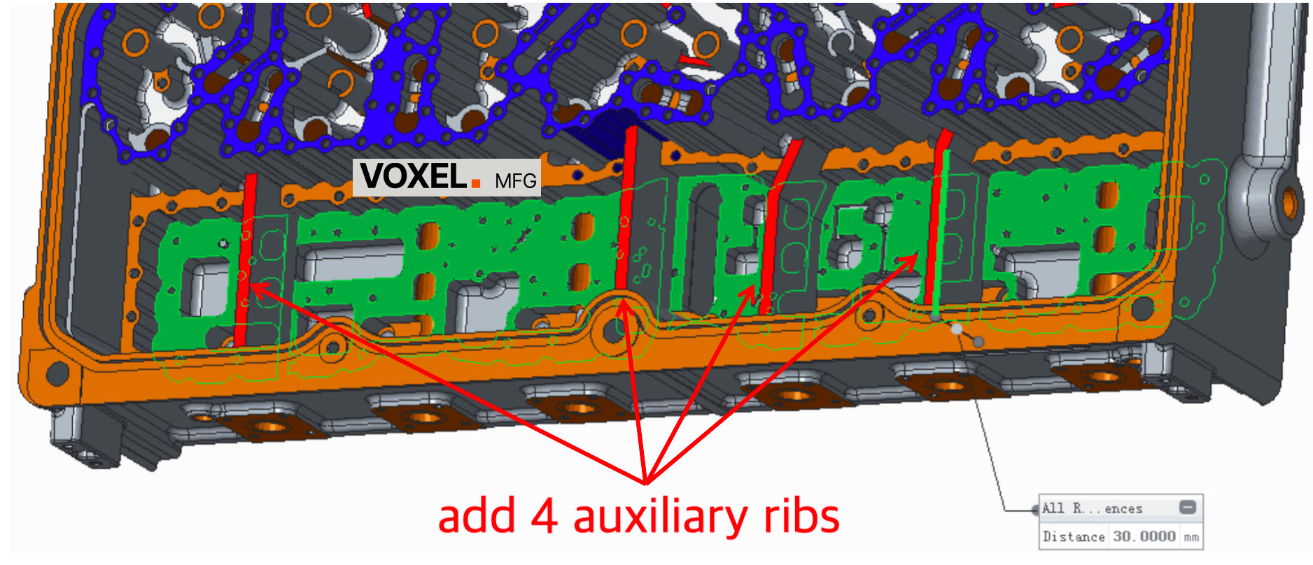 Thick-walled aluminum die-cast enclosure showing the strategic placement of 4 auxiliary ribs to reduce thermal shrinkage porosity risk