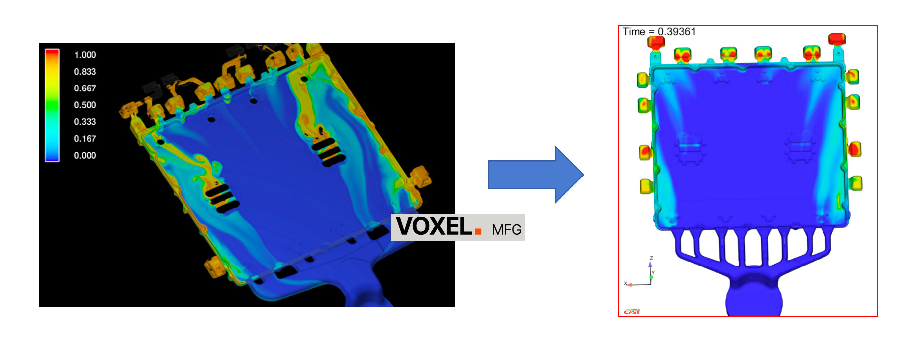 Moldflow simulation showing air entrapment resolution and optimized runner design for aluminum die-casting